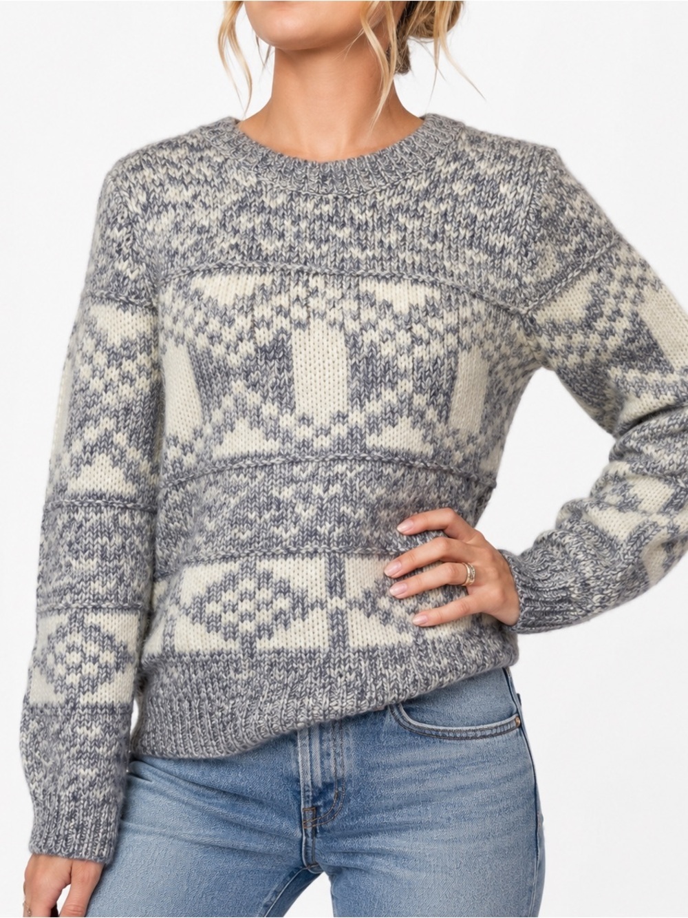 Gap Knit Sweater Fair Isle Cardigan Alpine Patterned Pullover Blue Grey White L